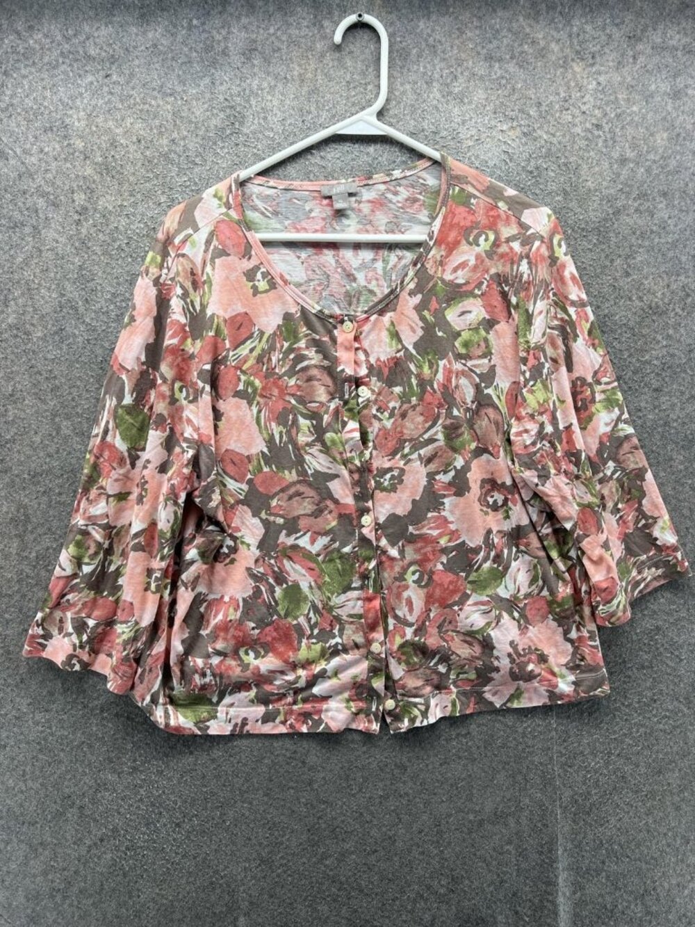 J. Jill Shirt Women XL Pink Floral Button Front 3/4 Sleeve Scoop Pima Cotton